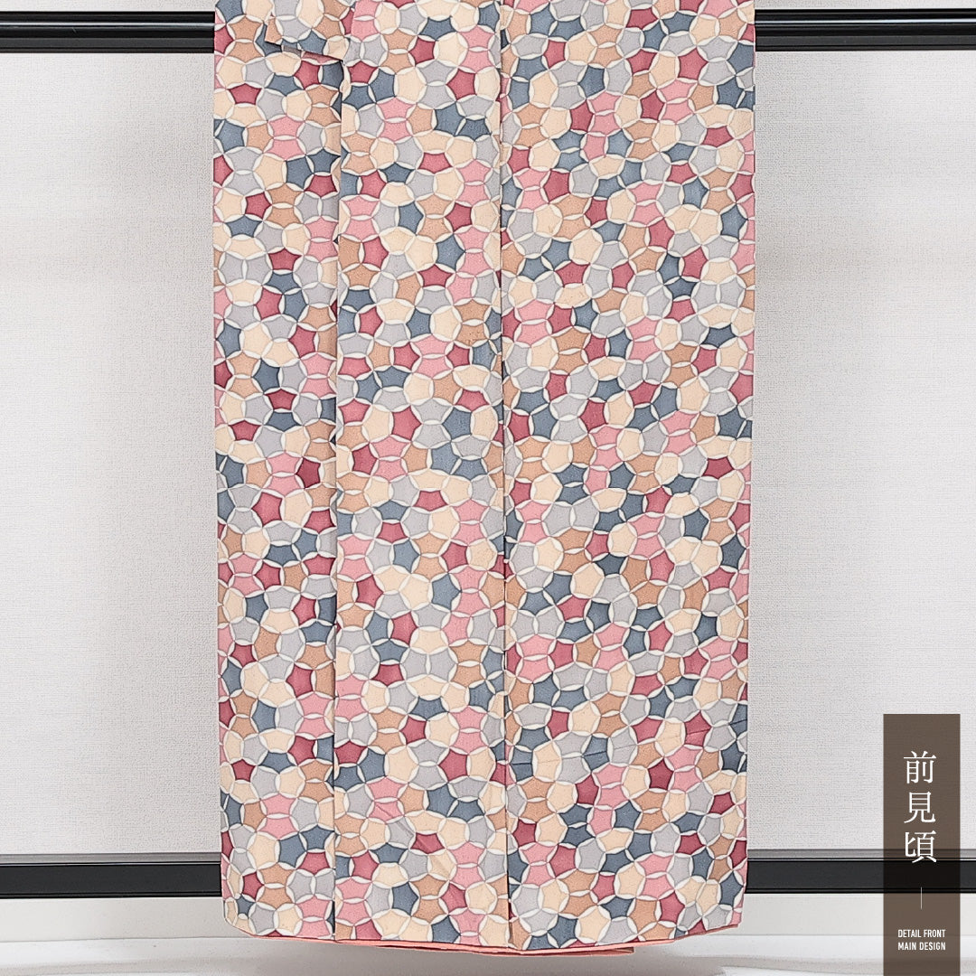 小紋 袷 身丈156cm 裄丈63cm 正絹 Aランク インフォーマル バチ衿 Mサイズ 七宝 多色系 RP 1221-14577