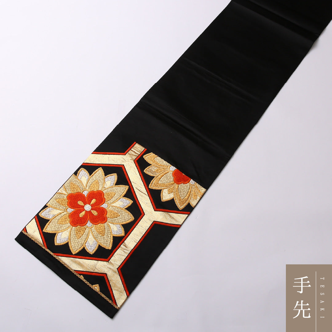 袋帯 帯丈416cm 正絹 六通 フォーマル 宝相華 亀甲 黒系 1243-01558