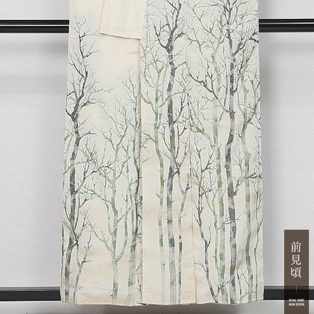 アンティーク 訪問着 お召 身丈154cm 裄丈63cm Cランク S 正絹 袷 広衿 樹木 アンティーク 白系 1212-11900