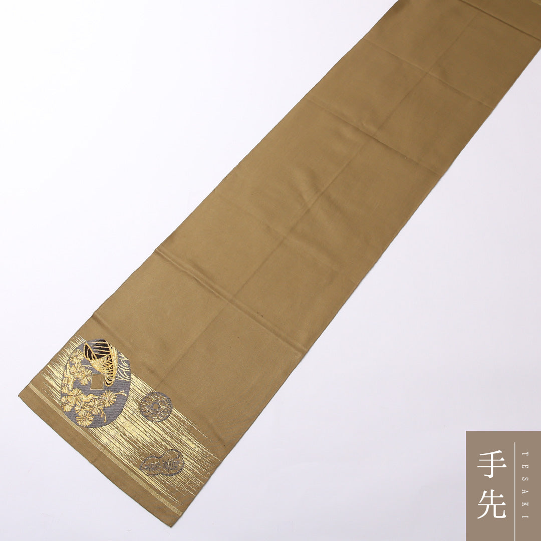 アンティーク 袋帯 帯丈392cm 六通 Aランク 正絹 小判 唐獅子 古典的 遊び心 ベージュ系 1223-01498