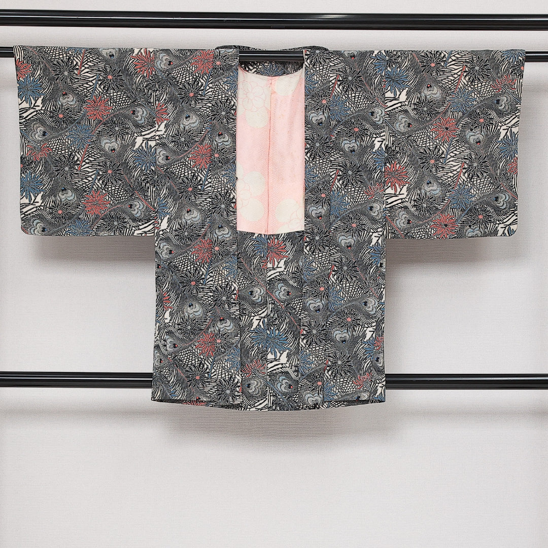 羽織 袷 身丈84cm 裄丈64cm 正絹 Aランク カジュアル Mサイズ 菊 孔雀の羽 グレー系 HP 1232-13882