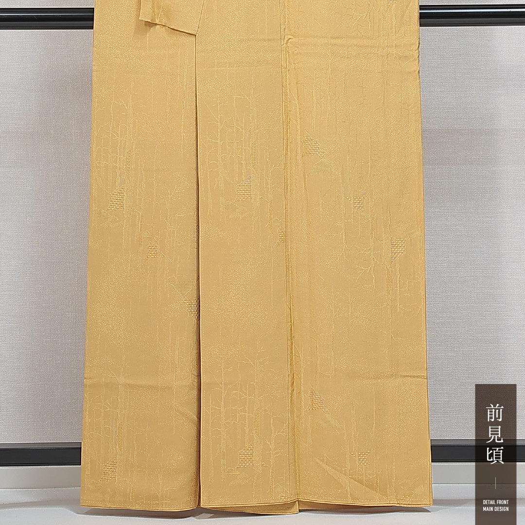色無地 袷 身丈160cm 裄丈65cm 正絹 Aランク 一つ紋 (丸に片喰) 紋意匠 (創作柄) セミフォーマル 広衿 Lサイズ 無地 黄系 RP 1219-14779
