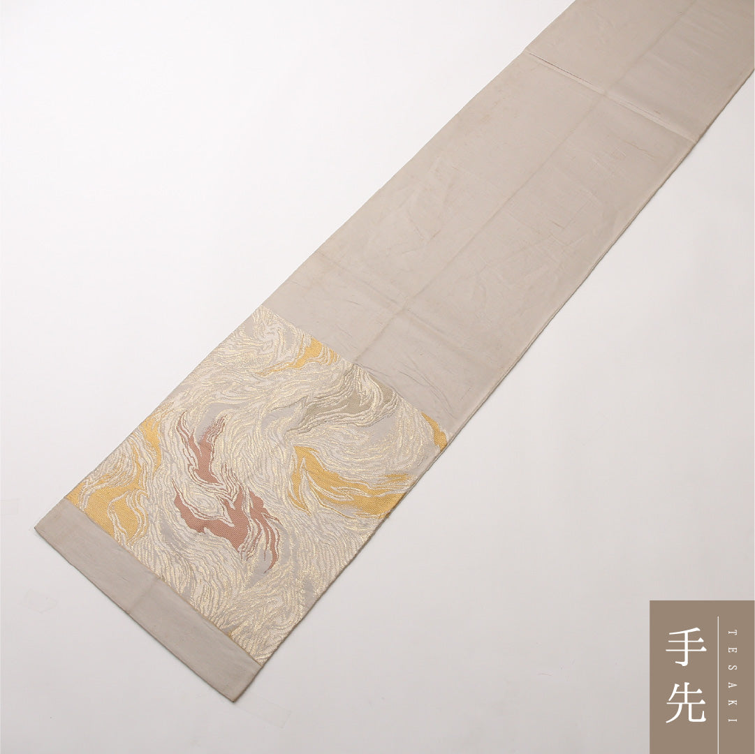 八寸名古屋帯 Cランク 帯丈400cm 正絹 六通 開き仕立て 帯端のみ未仕立て 織り インフォーマル ふくれ織 創作柄 クリーム系 RP 1245-02440