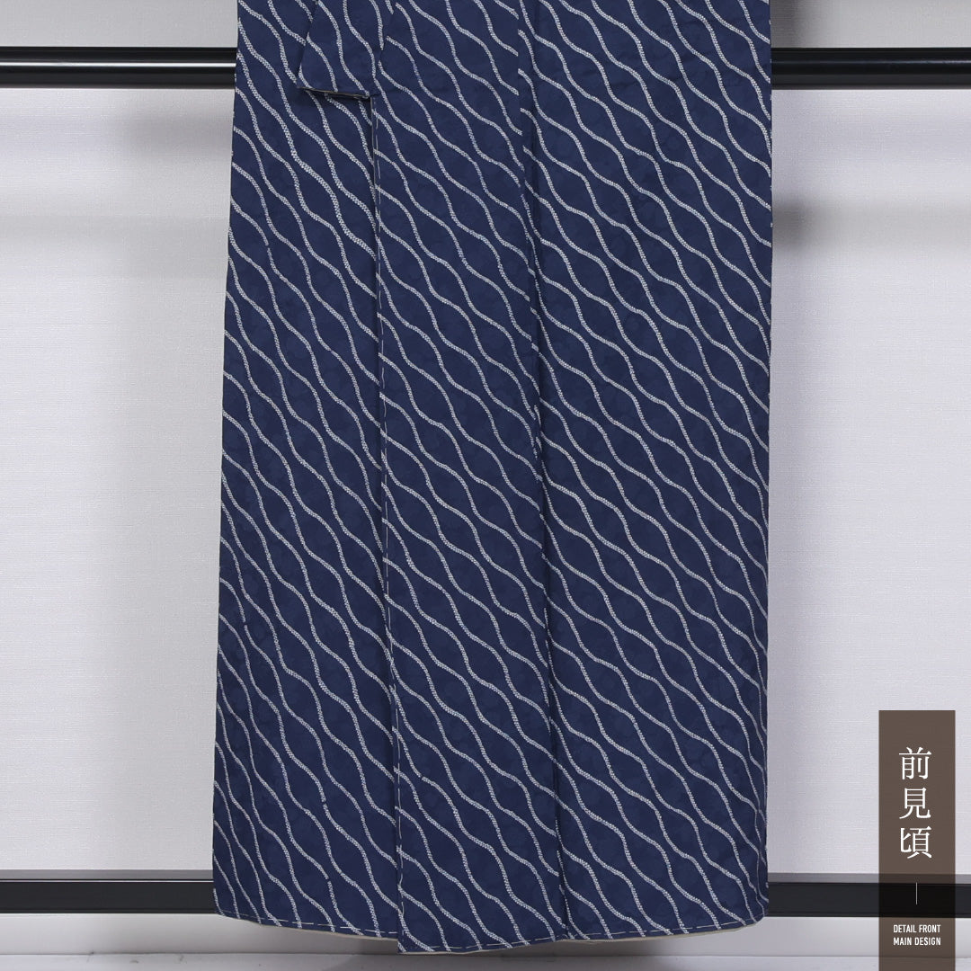 洗える着物 小紋 袷 身丈153cm 裄丈63cm ポリエステル Sランク インフォーマル バチ衿 Sサイズ よろけ縞 紺系 RP 1221-11479