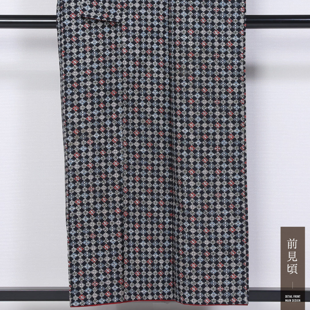 小紋 袷 身丈154cm 裄丈62cm 正絹 Cランク インフォーマル 広衿 Sサイズ 花菱 風車 黒系 LP 1221-11411