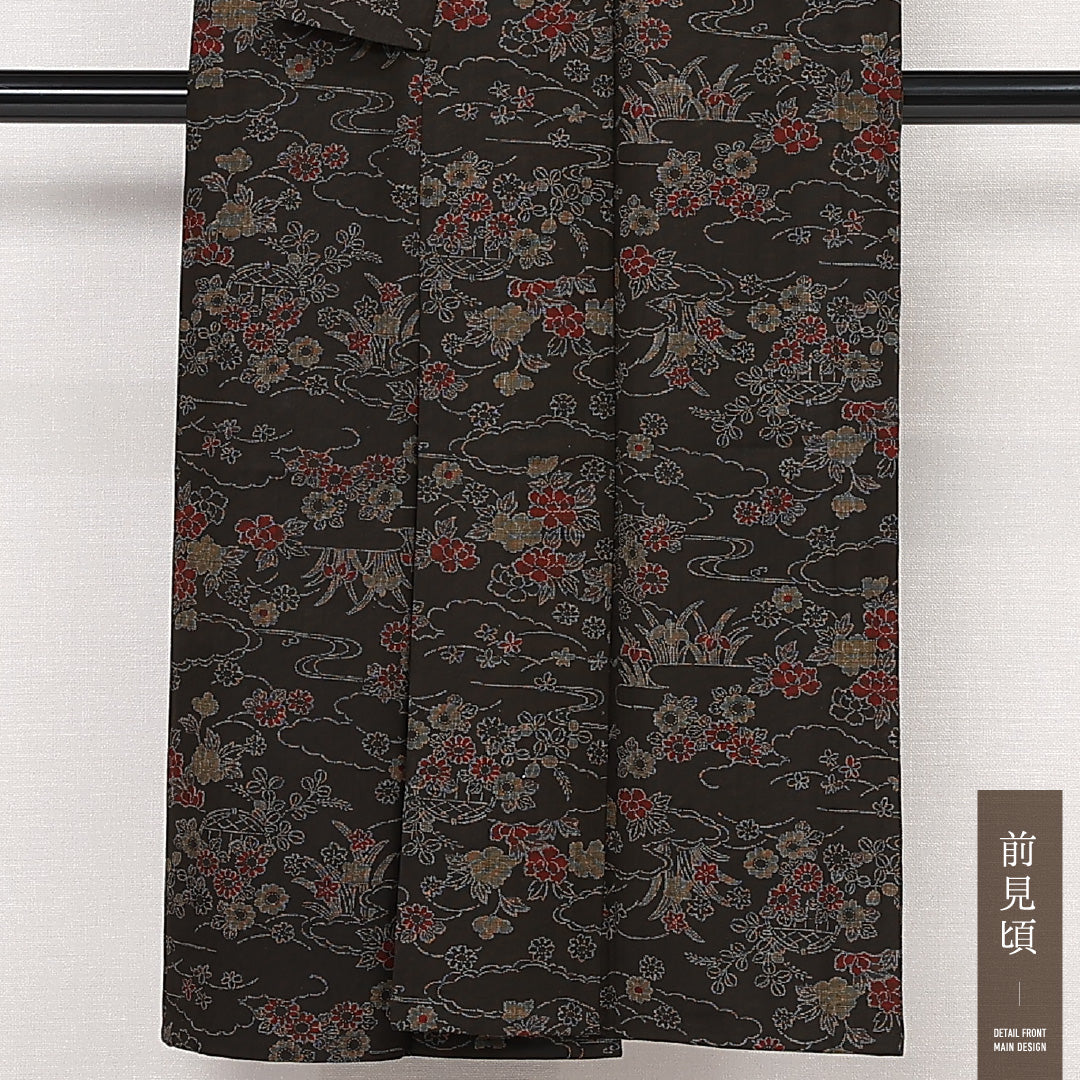 洗える着物 ウールの紬 単衣 身丈141cm 裄丈63cm ウール Aランク カジュアル 広衿 XSサイズ 居敷当て 菊 牡丹 茶系 HP 1223-13296