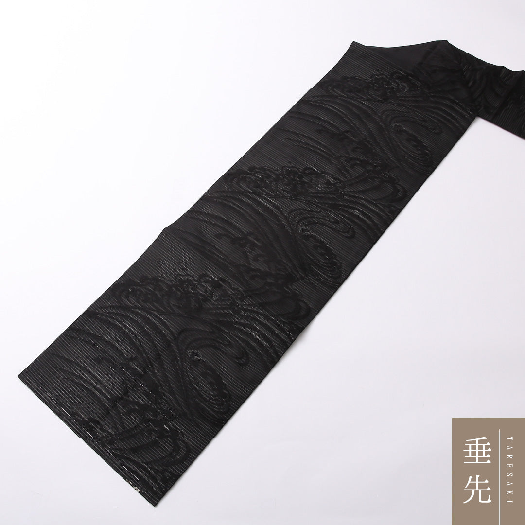 新古品 喪服帯 夏物 名古屋帯 六通 帯丈340cm 喪服帯 Nランク 正絹 絽 波頭 黒系 1224-02670