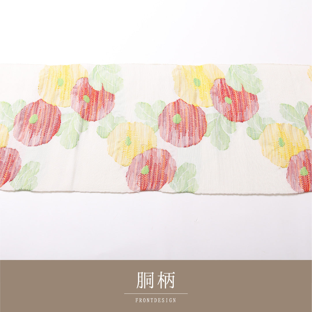 八寸名古屋帯 Aランク 帯丈361cm 正絹 六通 松葉仕立て 染め カジュアル 紬 琳派 椿 クリーム系 RP 1245-03065