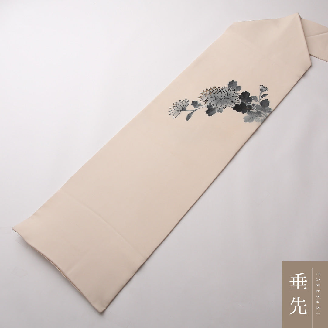 九寸名古屋帯 Aランク 帯丈354cm 正絹 ポイント柄 名古屋仕立て 染め インフォーマル 塩瀬 菊 クリーム系 RP 1245-02324