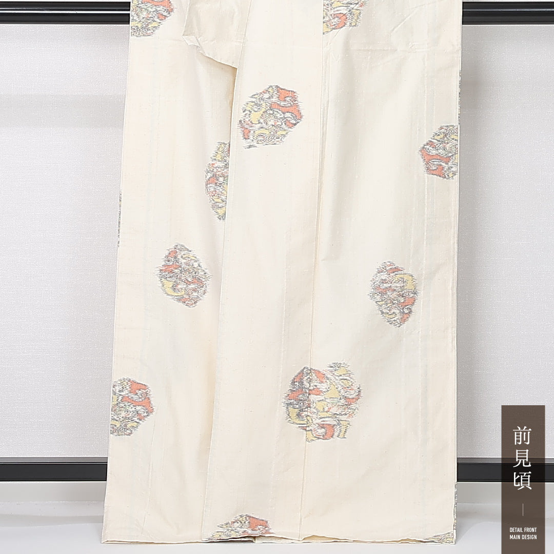 紬 身丈166cm 裄丈64cm Aランク XL 正絹 単衣 広衿 創作 カジュアル クリーム系 1216-12399