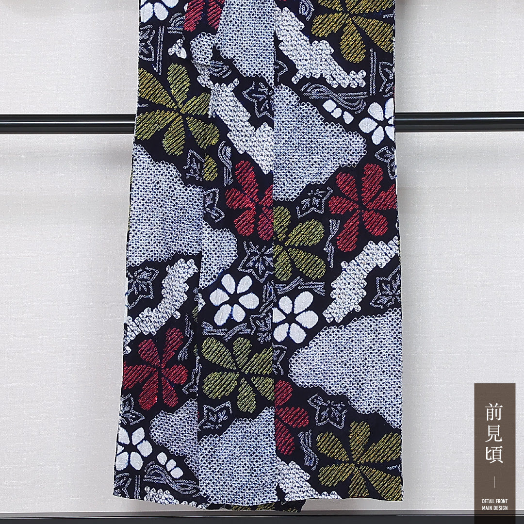 夏物 洗える着物 木綿の有松鳴海絞 (有松鳴海絞) 夏物 身丈148cm 裄丈66cm 木綿 Bランク カジュアル バチ衿 XSサイズ 居敷当て 紅葉 青系 M4 1225-12121