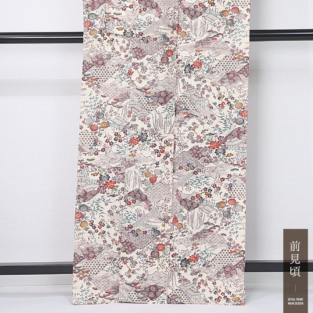 紬 身丈164cm 裄丈66cm Cランク L 正絹 単衣 広衿 茶屋辻 後染め カジュアル クリーム系 1216-12216