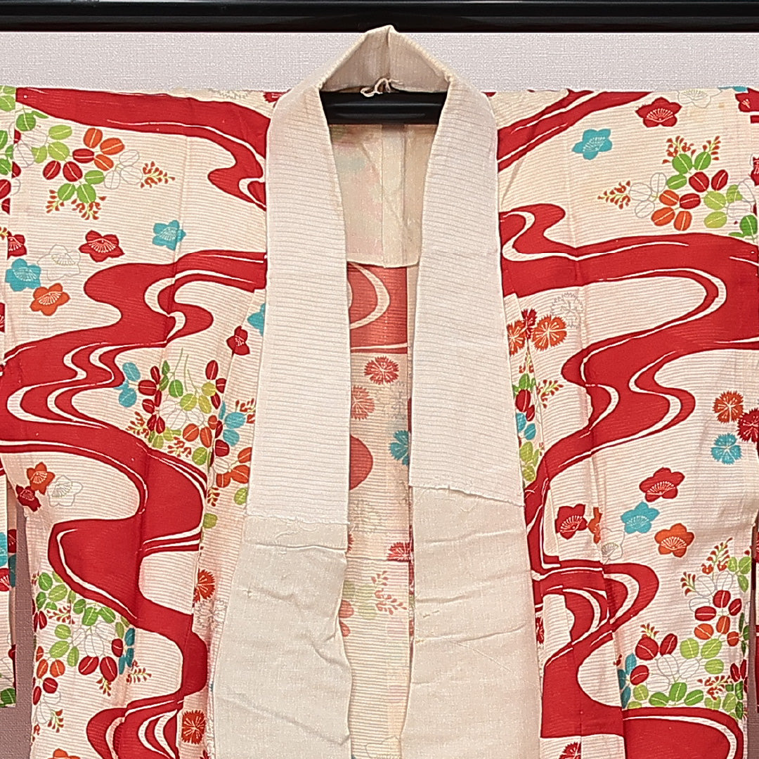 アンティーク 長襦袢 無双袖 身丈140cm 裄丈62cm 正絹 Dランク 3XLサイズ 居敷当て 流水 花柄 クリーム系 HP 1239-14520