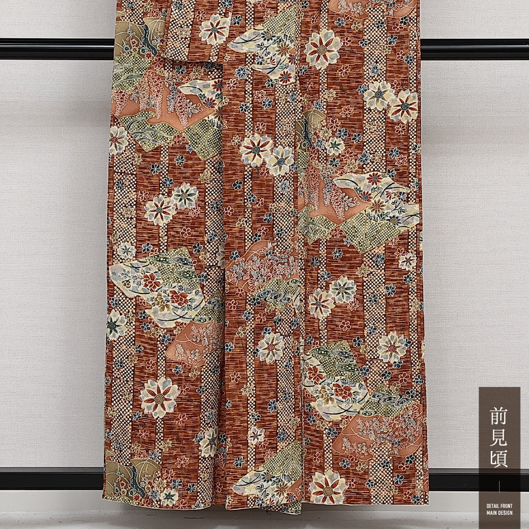 小紋 袷 身丈155cm 裄丈63cm 正絹 Sランク インフォーマル 広衿 Mサイズ 吉祥文様 茶系 RP 1221-14162
