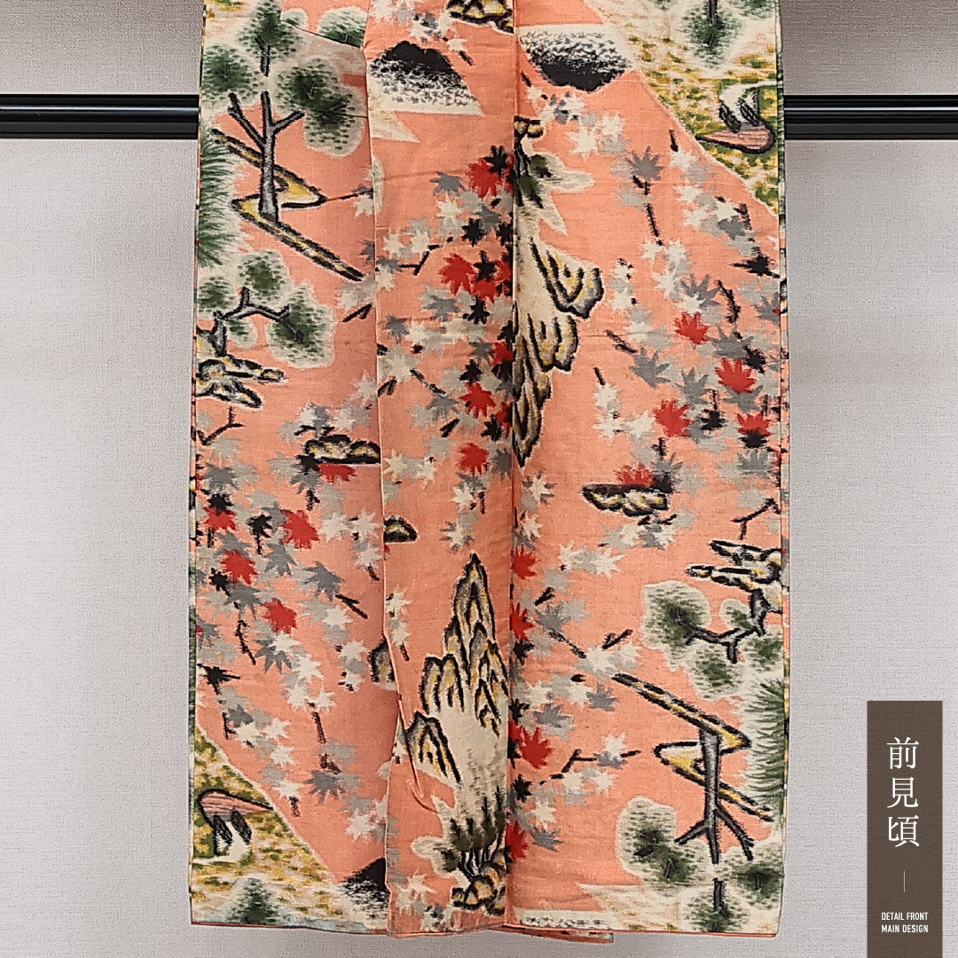 アンティーク 銘仙の着物 袷 身丈142cm 裄丈61cm 正絹 Cランク バチ衿 XSサイズ 山水 四季山野 朱系 PO 1223-14360