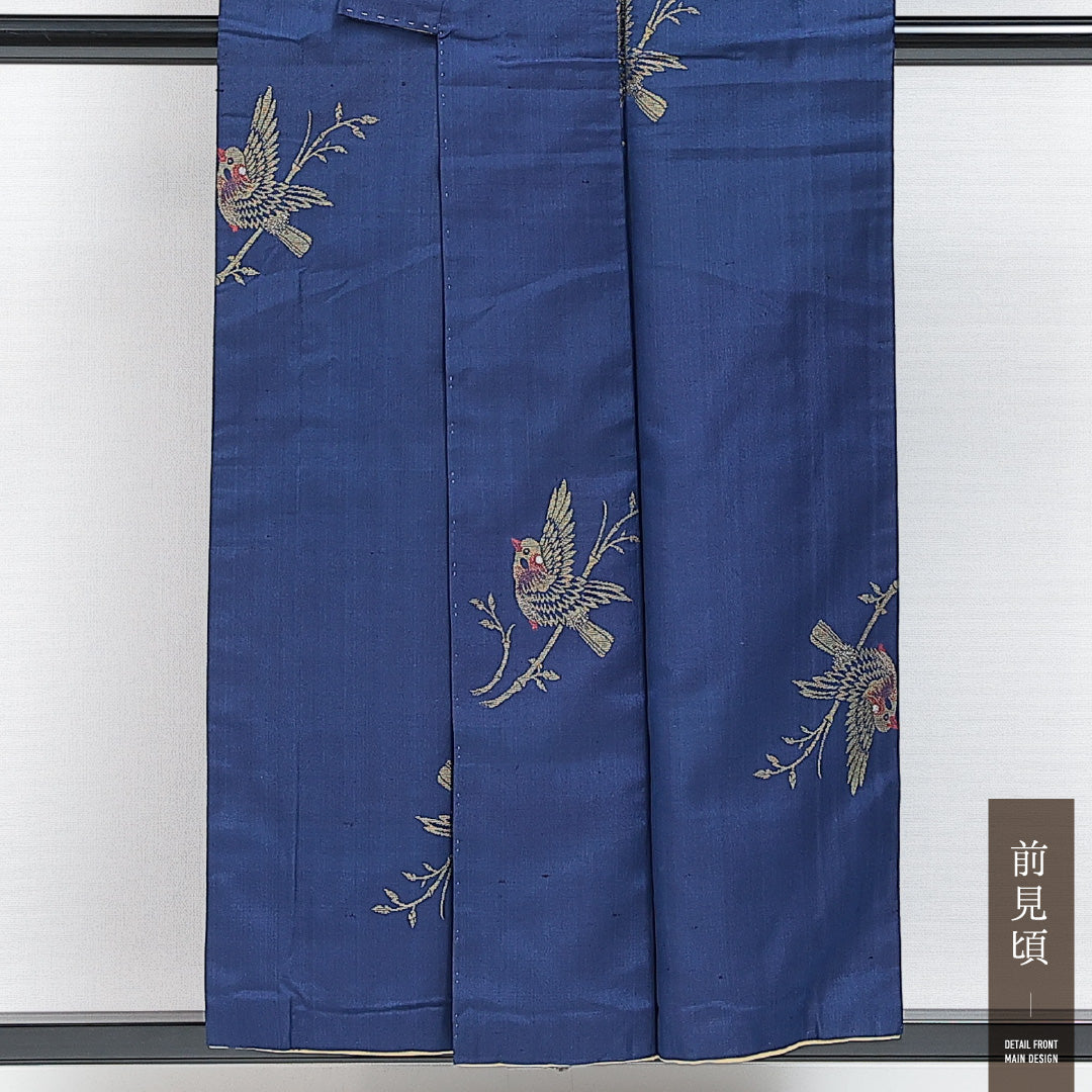 アンティーク お召 袷 身丈151cm 裄丈59cm 正絹 Aランク Sサイズ バチ衿 鳥 青系 1265-14878