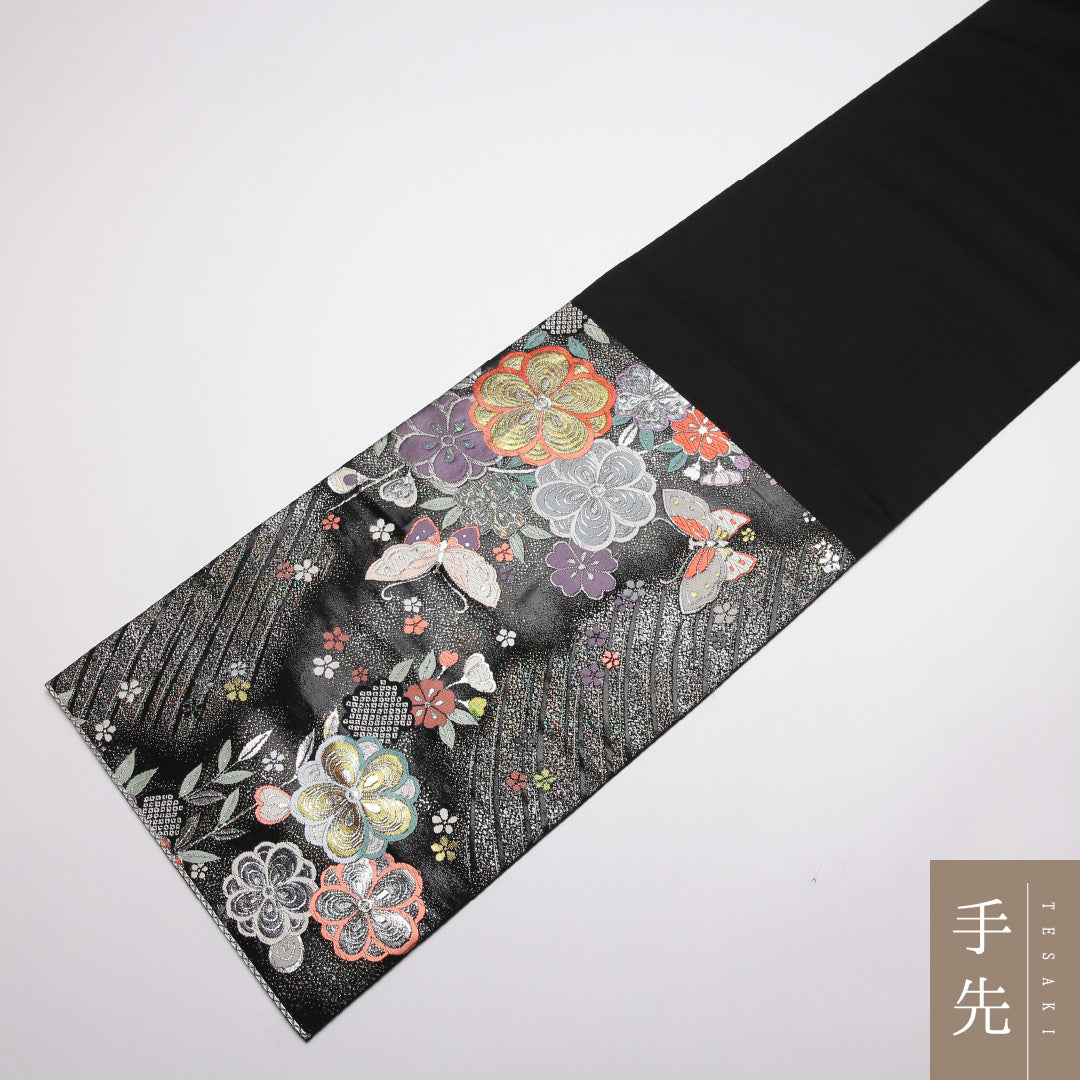 袋帯 帯丈432cm Sランク 六通 正絹 桜 蝶 黒系 蝶 1223-01370