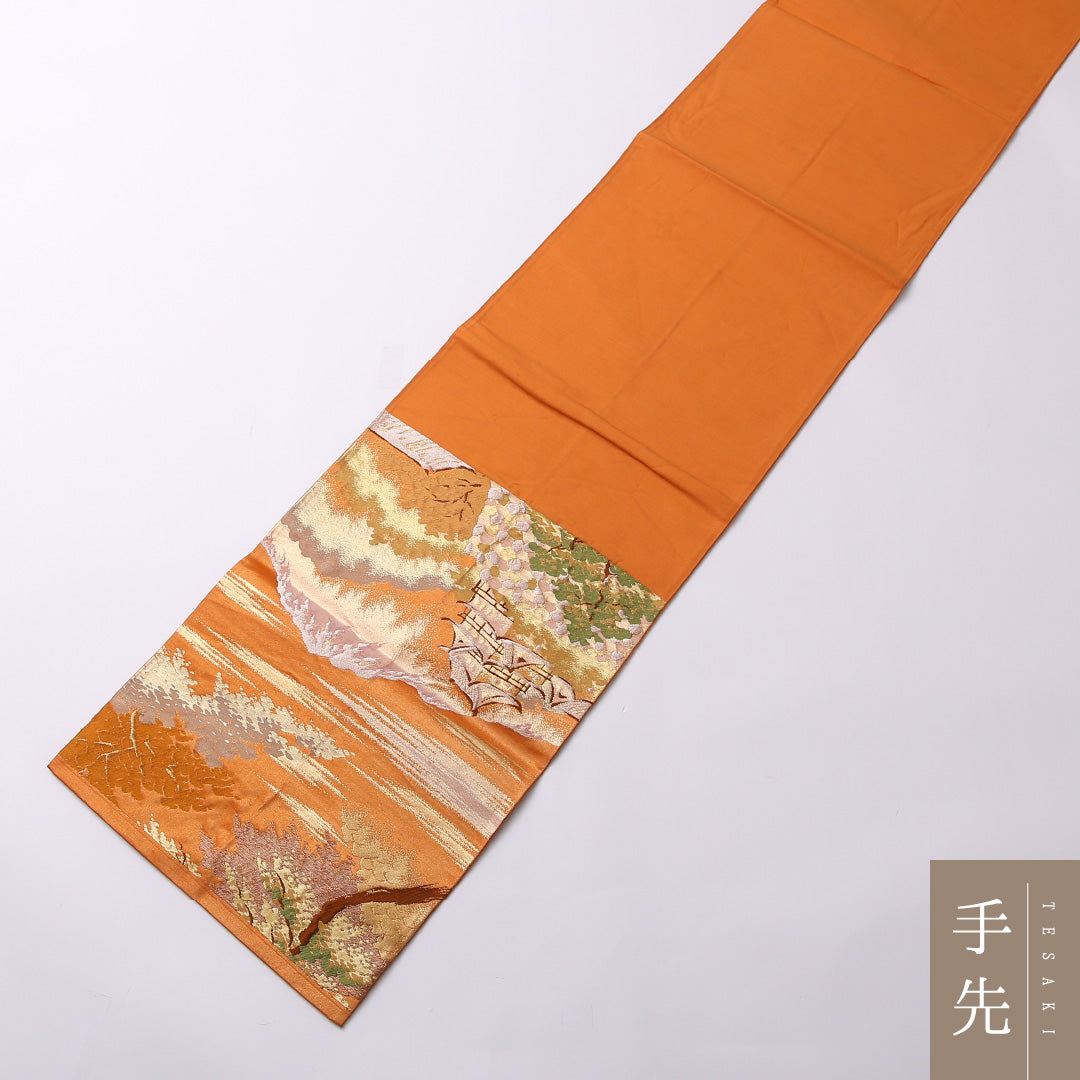 袋帯 帯丈436cm 正絹 六通 セミフォーマル 城 楼閣 松 金系 朱系 1243-01564
