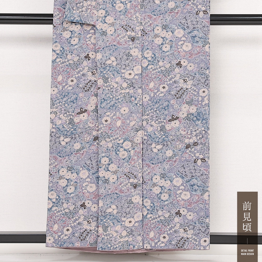 小紋 袷 身丈156cm 裄丈63cm 正絹 Sランク インフォーマル 広衿 Mサイズ 花柄 紫系 RP 1221-13394