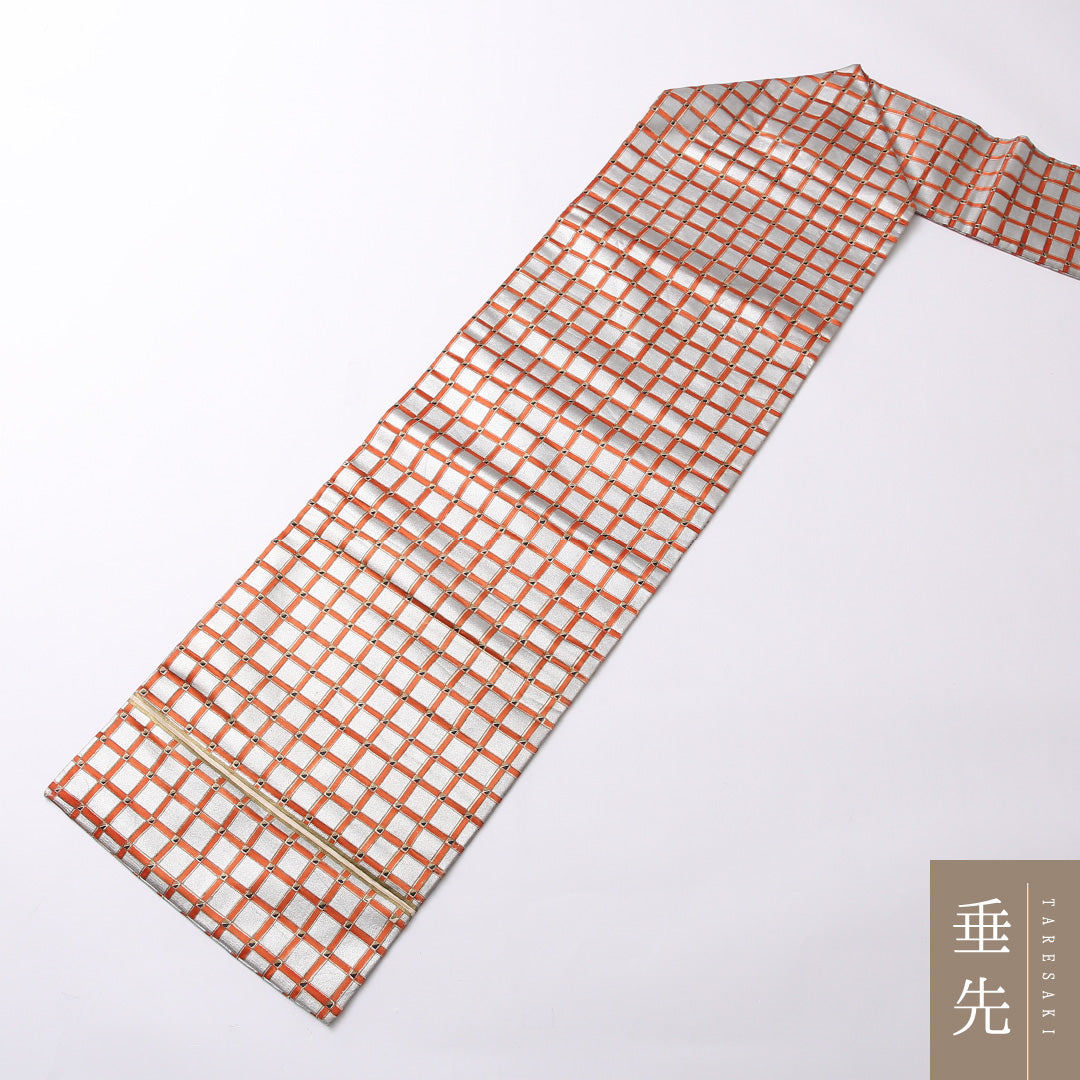 九寸名古屋帯 Aランク 帯丈332cm 正絹 全通 名古屋仕立て 染め カジュアル 格子 銀系 RP 1245-02797