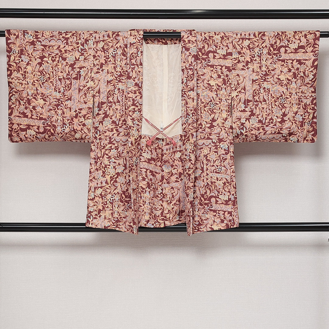 羽織 袷 身丈76cm 裄丈65cm 正絹 Sランク カジュアル Mサイズ 紐あり 植物柄 ピンク系 RP 1232-13855