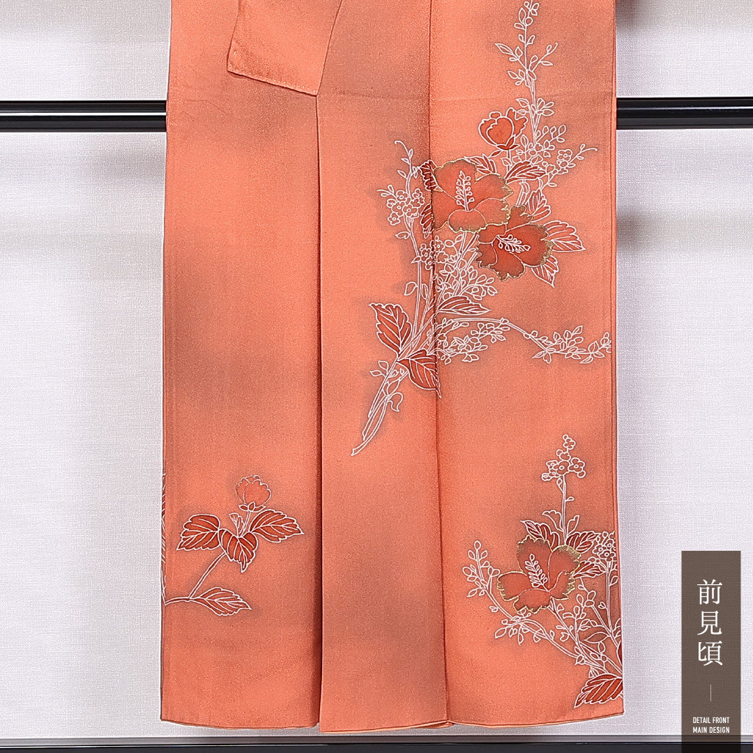 訪問着 袷 身丈148cm 裄丈60cm 正絹 Aランク セミフォーマル 広衿 XSサイズ ぼかし染 金駒刺繍 牡丹 朱系 RP 1217-11218