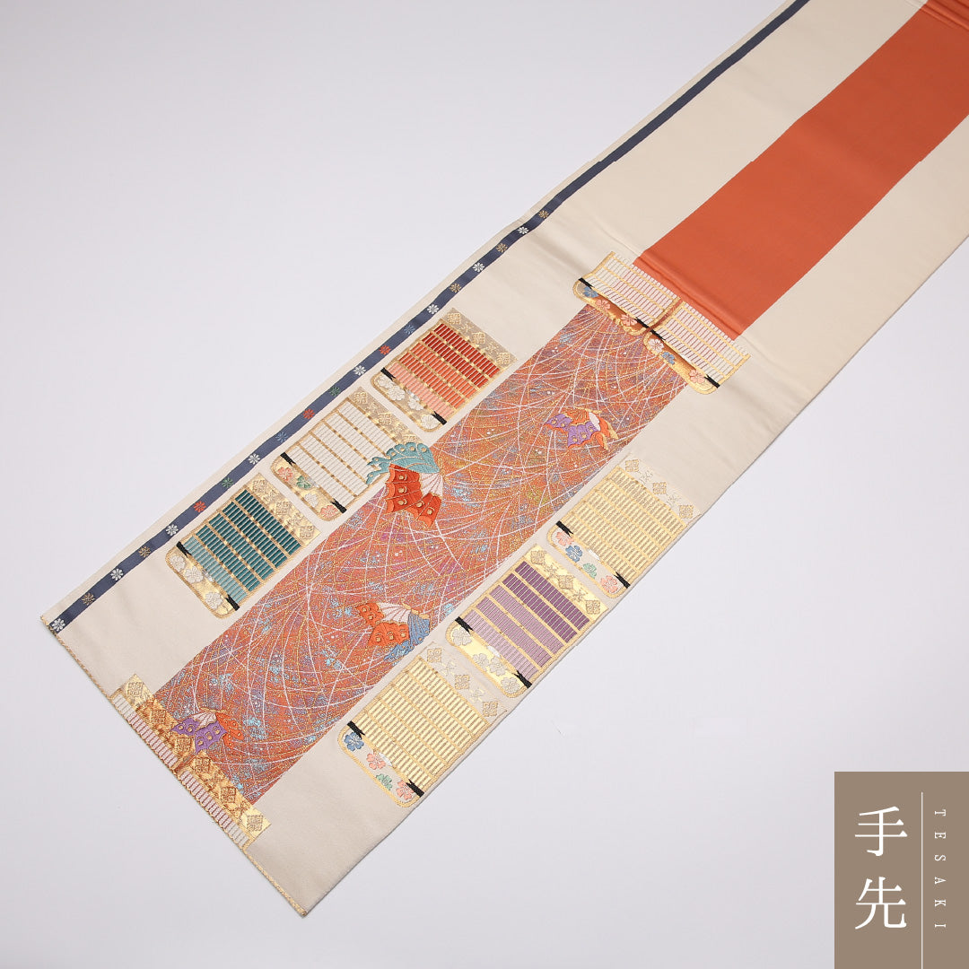 振袖用 袋帯 帯丈420cm 正絹 六通 縅毛 蝶 クリーム系 1243-01043