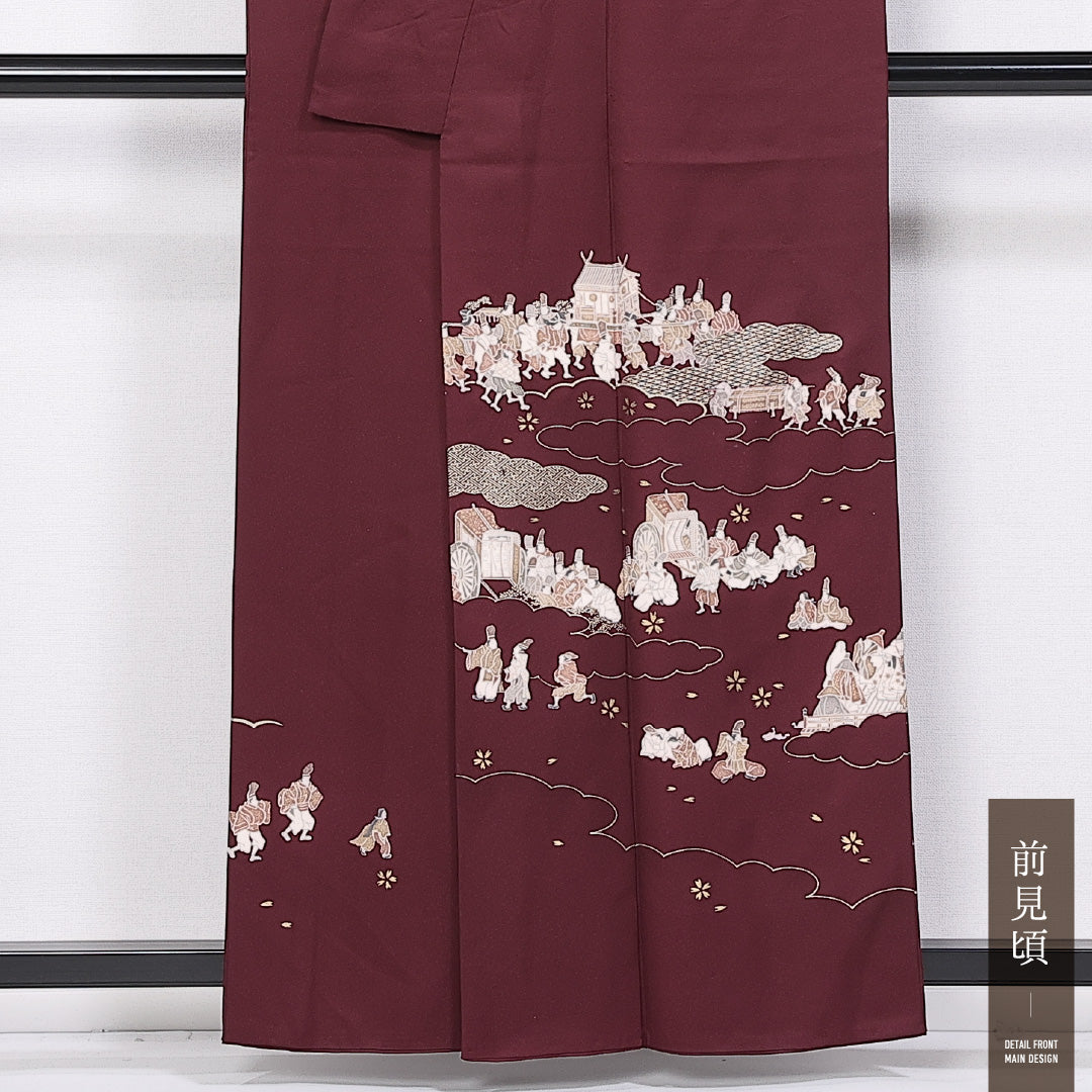 訪問着 身丈158cm 裄丈62cm M 正絹 Bランク 袷 一つ紋 広衿 人物 御所車 1212-11179