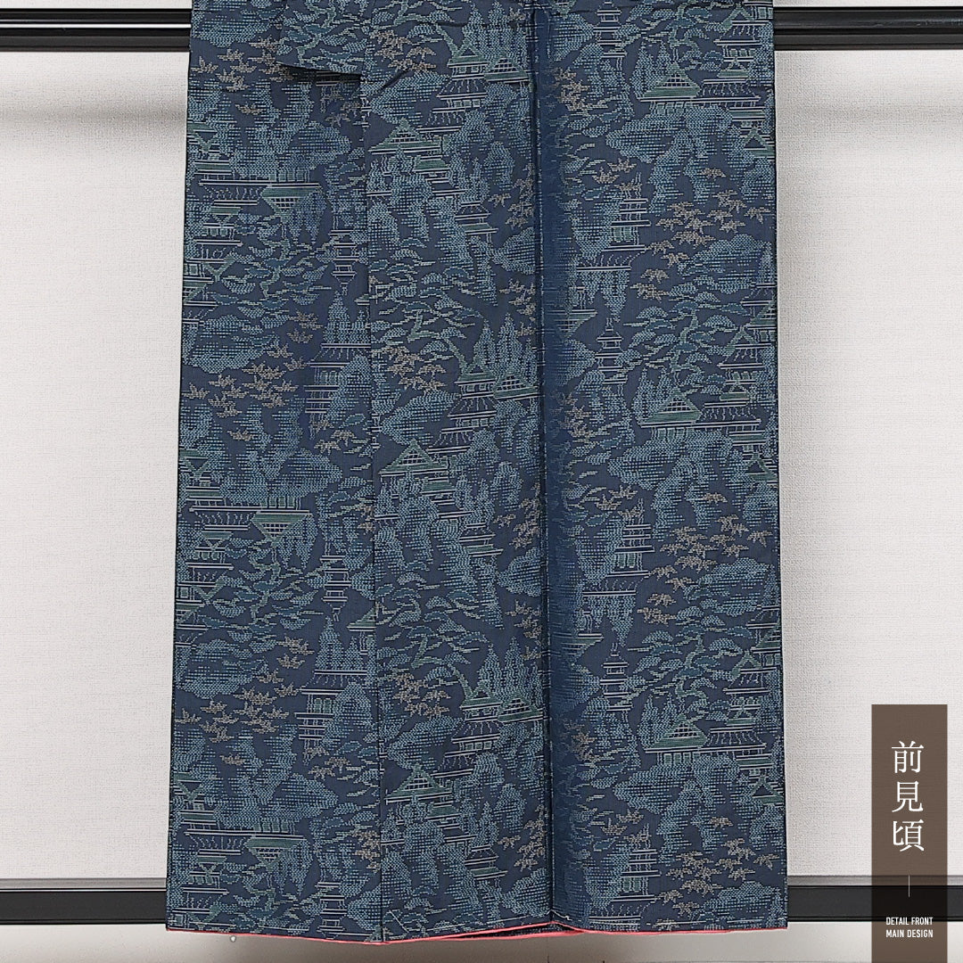 大島紬 袷 身丈149cm 裄丈63cm 正絹 Bランク インフォーマル 広衿 XSサイズ しつけ糸 楼閣 紺系 RP 1223-13661