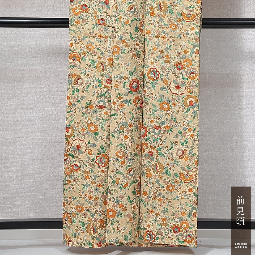 小紋 洗える着物 単衣 身丈158cm 裄丈65cm ポリエステル Cランク Mサイズ バチ衿 インフォーマル 花柄 ベージュ系 1215-15003