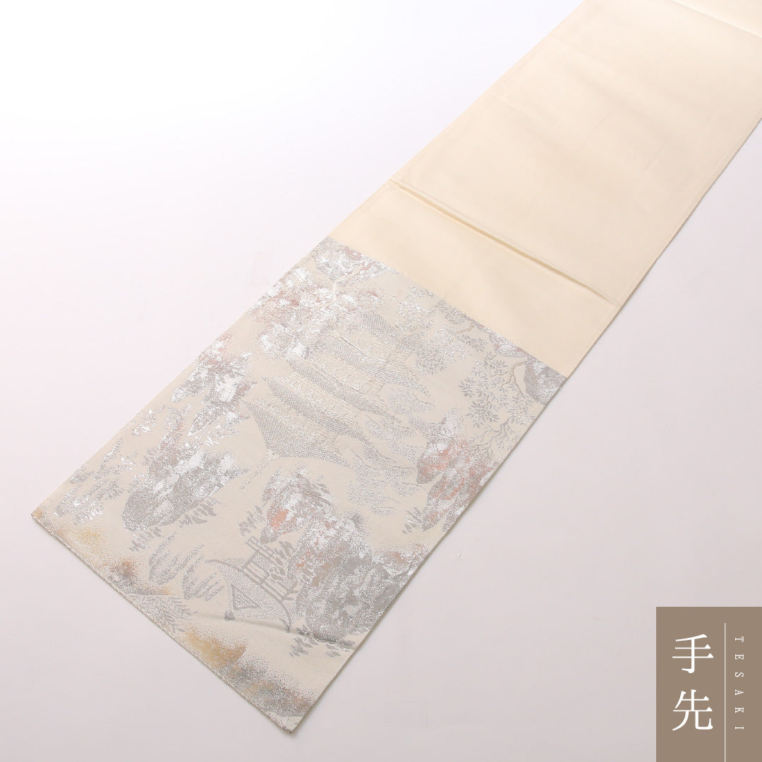 袋帯 帯丈430cm 正絹 六通 セミフォーマル 彩京錦 京洛百景 白系 銀系 1243-01661