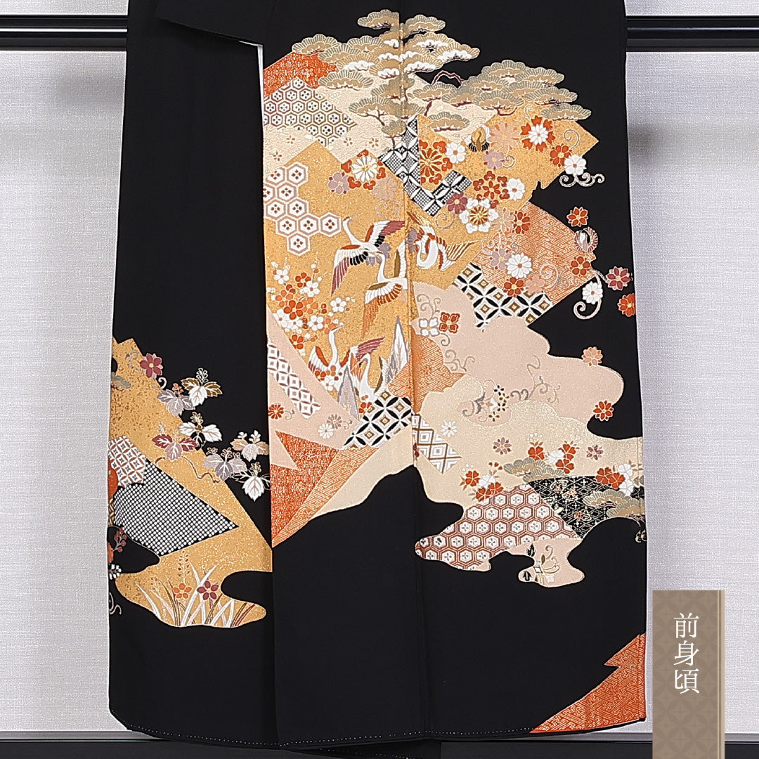 黒留袖 五つ紋 五三桐 身丈148cm 裄丈60.5cm Aランク 正絹 袷 比翼 広衿 XS 鶴 吉祥文様 松 フォーマル 黒系 1211-F0300