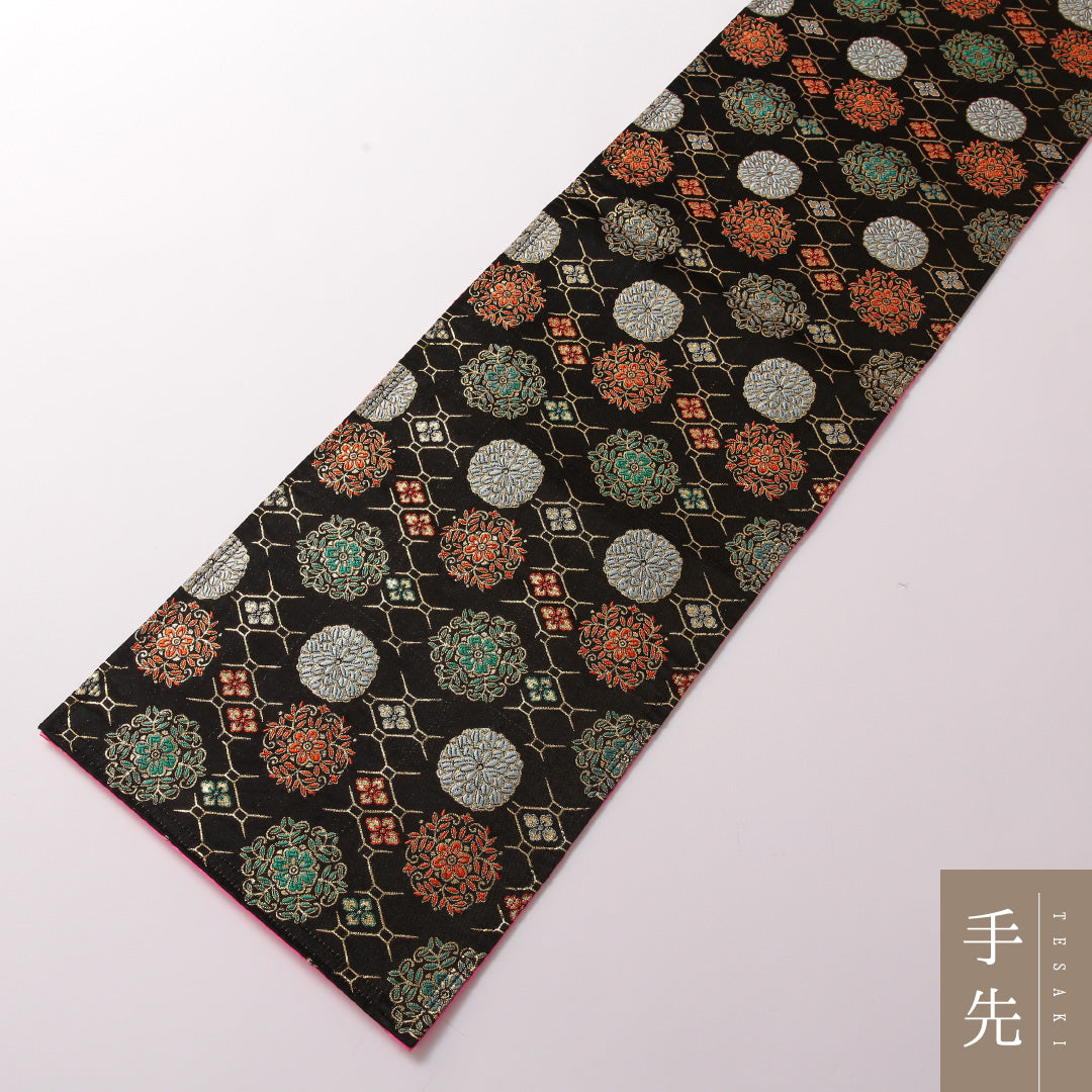アンティーク 袋帯 帯丈456cm 正絹 全通 花菱 菊 黒系 1243-01852