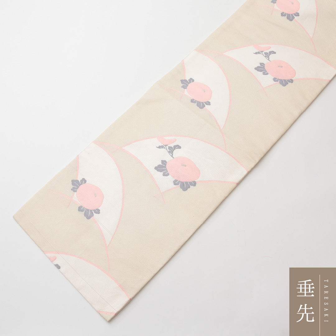 名古屋帯 六通 帯丈360cm カジュアル Sランク 正絹 琳派 花柄 白系 1224-02140