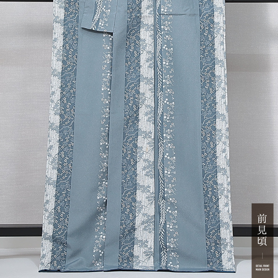小紋 洗える着物 袷 身丈167cm 裄丈62cm ポリエステル Bランク XLサイズ 広衿 インフォーマル 梅 縞 グレー系 1215-15004