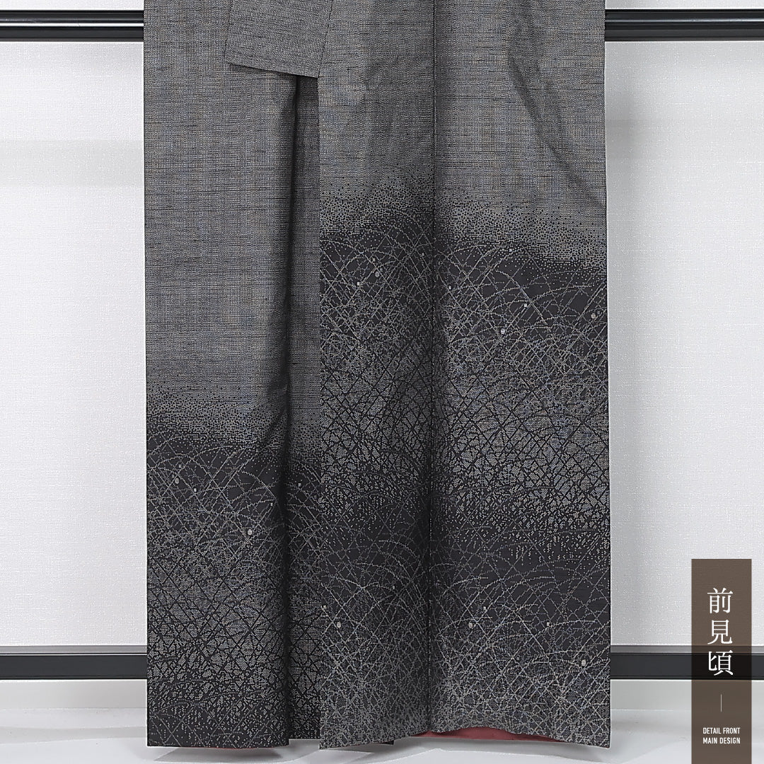 訪問着 袷 身丈161cm 裄丈63cm 正絹 Sランク セミフォーマル 広衿 Lサイズ 植物柄 黒系 M4 1217-12409