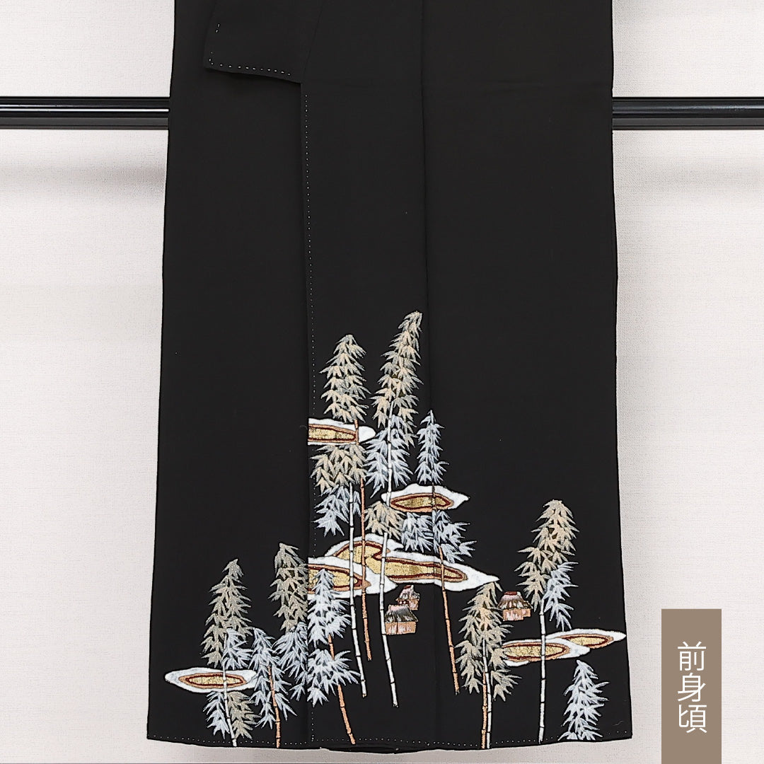 アンティーク 黒留袖 五つ紋 丸に小の字 身丈149cm 裄丈62cm Cランク 正絹 袷 広衿 XS 金箔 茶屋辻 笹 素朴 落ち着き 黒系 1211-F0589