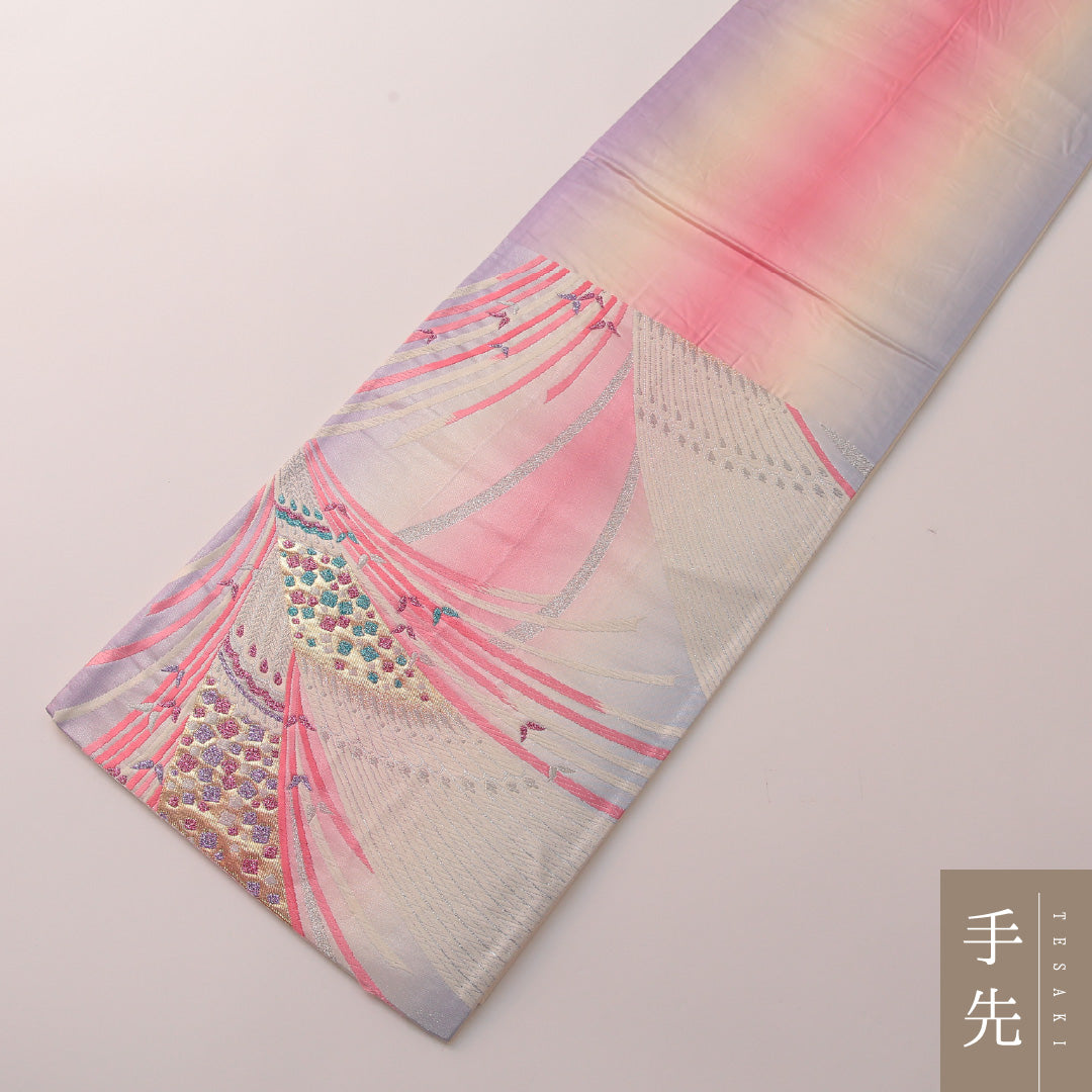 振袖用 袋帯 帯丈432cm 正絹 六通 帯端のみ未仕立て 帯芯なし 孔雀 証紙 ピンク系 銀系 1243-01886