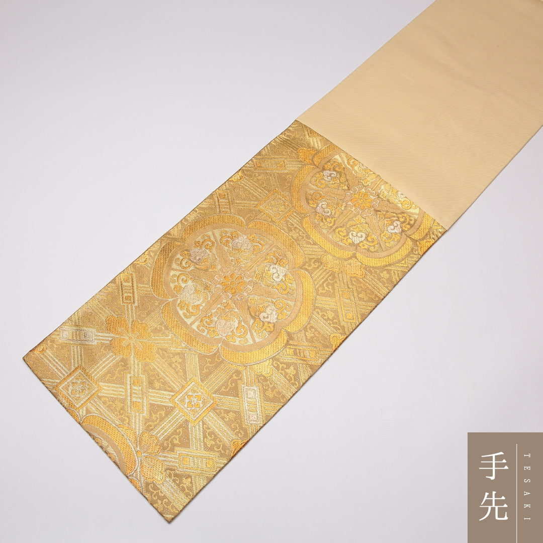 袋帯 帯丈434cm 正絹 六通 フォーマル 宝相華 花菱 落款 金系 1243-01268