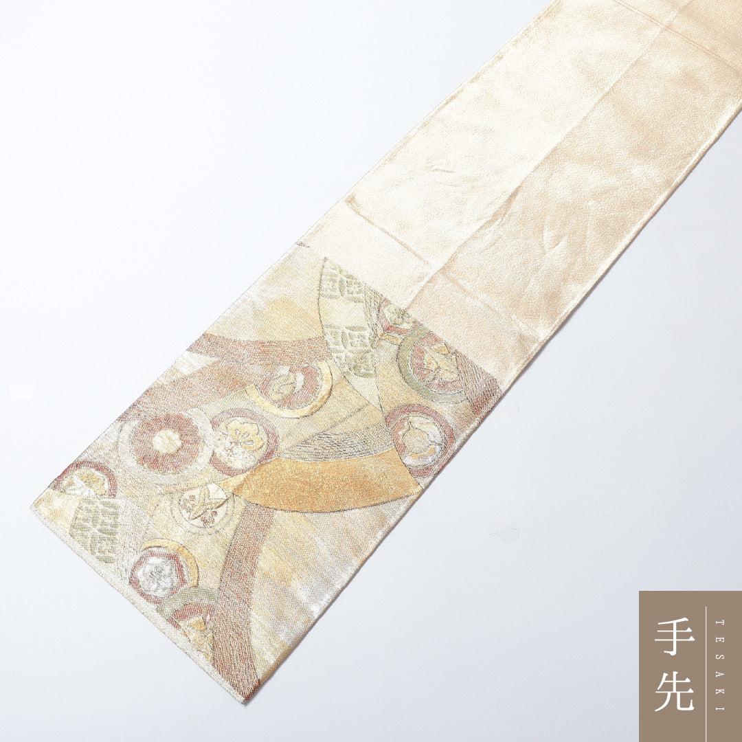 袋帯 帯丈412cm 正絹 六通 フォーマル 青海波 家紋柄 金系 1243-00665