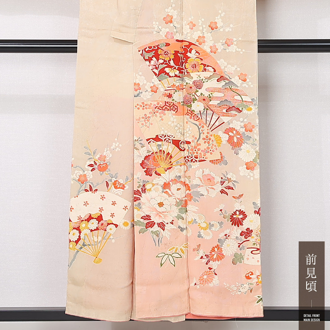 アンティーク 訪問着 (錦紗) 袷 身丈150cm 裄丈62cm 正絹 Dランク バチ衿 Sサイズ 吉祥文様 クリーム系 RP 1217-12446