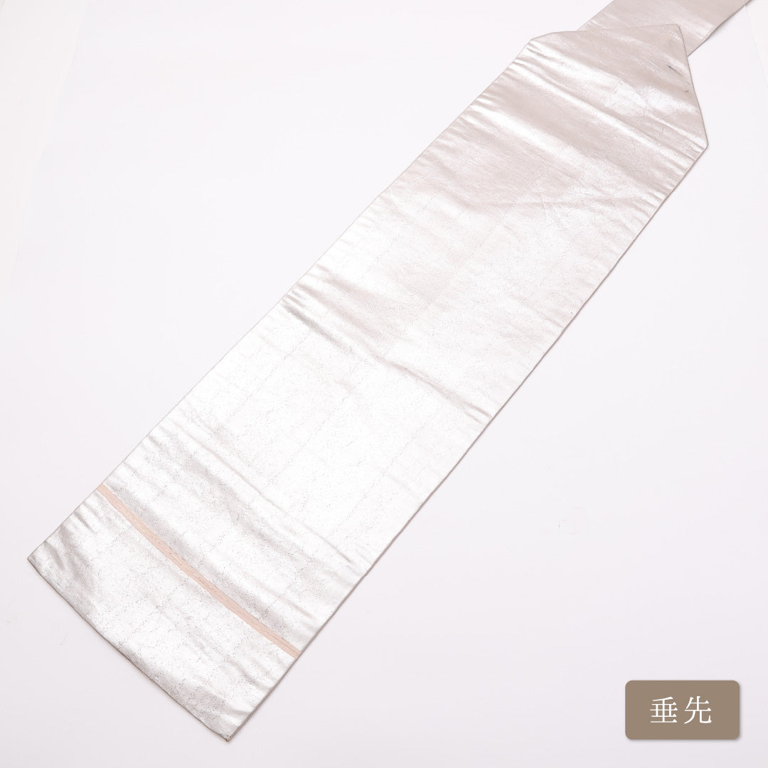 名古屋帯 帯丈326cm 六通 名古屋仕立て Cランク カジュアル 無地 正絹 銀系 1224-01021