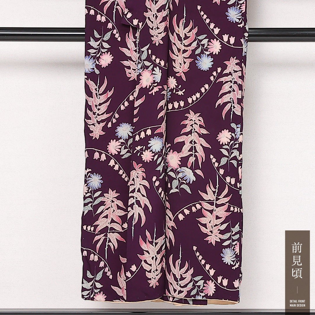 アンティーク 小紋 (錦紗) 袷 身丈148cm 裄丈63cm 正絹 Bランク バチ衿 XSサイズ 植物柄 紫系 RP 1221-13560