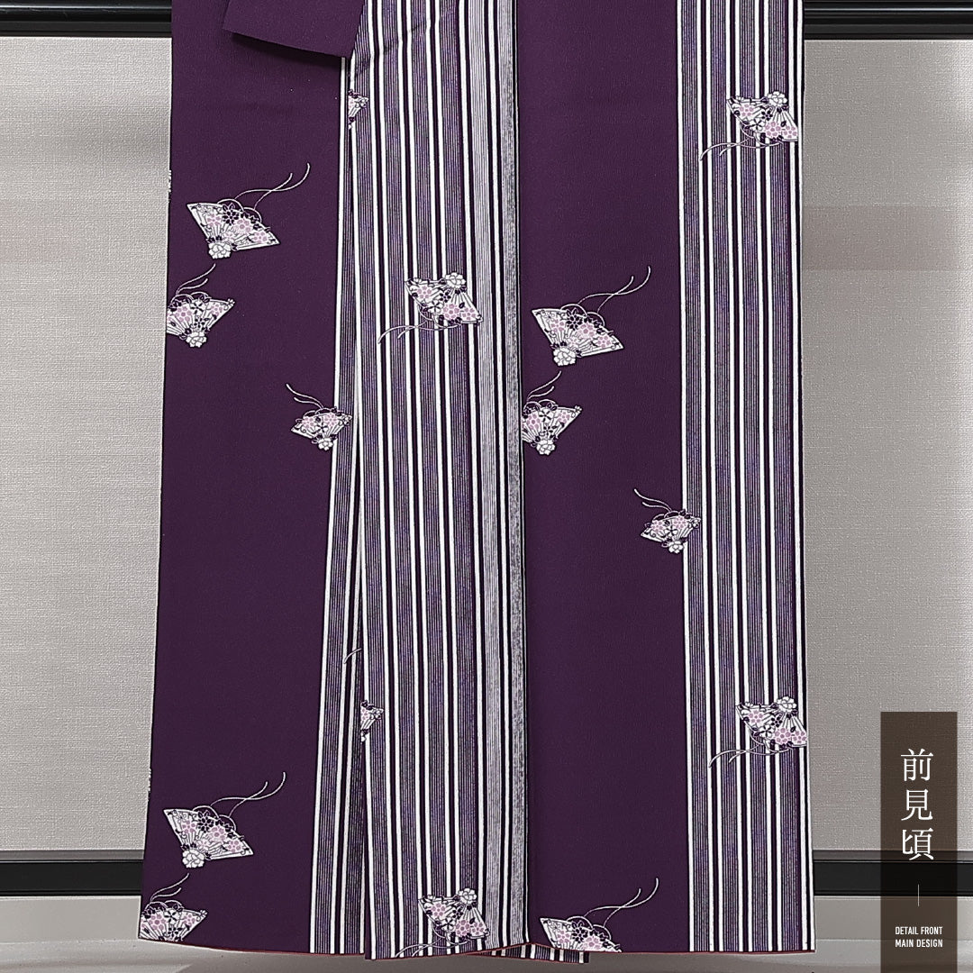 小紋 洗える着物 袷 身丈158cm 裄丈61cm ポリエステル Sランク Mサイズ 広衿 インフォーマル 扇 紫系 1215-14836