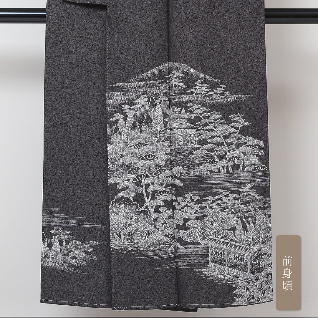 訪問着 (ちりめん) 袷 身丈148cm 裄丈60cm 正絹 Sランク セミフォーマル 広衿 XSサイズ 古跡名勝絵巻 証紙 しつけ糸 楼閣 ちりめん グレー系 M4 1217-04330