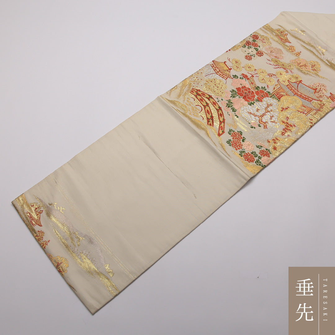 アンティーク 九寸名古屋帯 帯丈320cm 正絹 六通 名古屋仕立て 織り 楼閣 牡丹 クリーム系 M4 1245-01785
