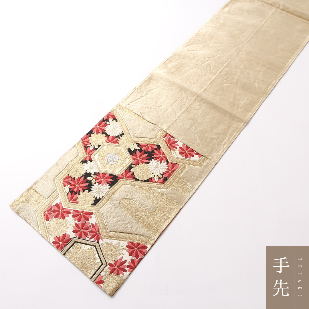 袋帯 帯丈404cm 六通 フォーマル Aランク 正絹 吉祥文様 花柄 古典的 華やか 金系 1223-01720