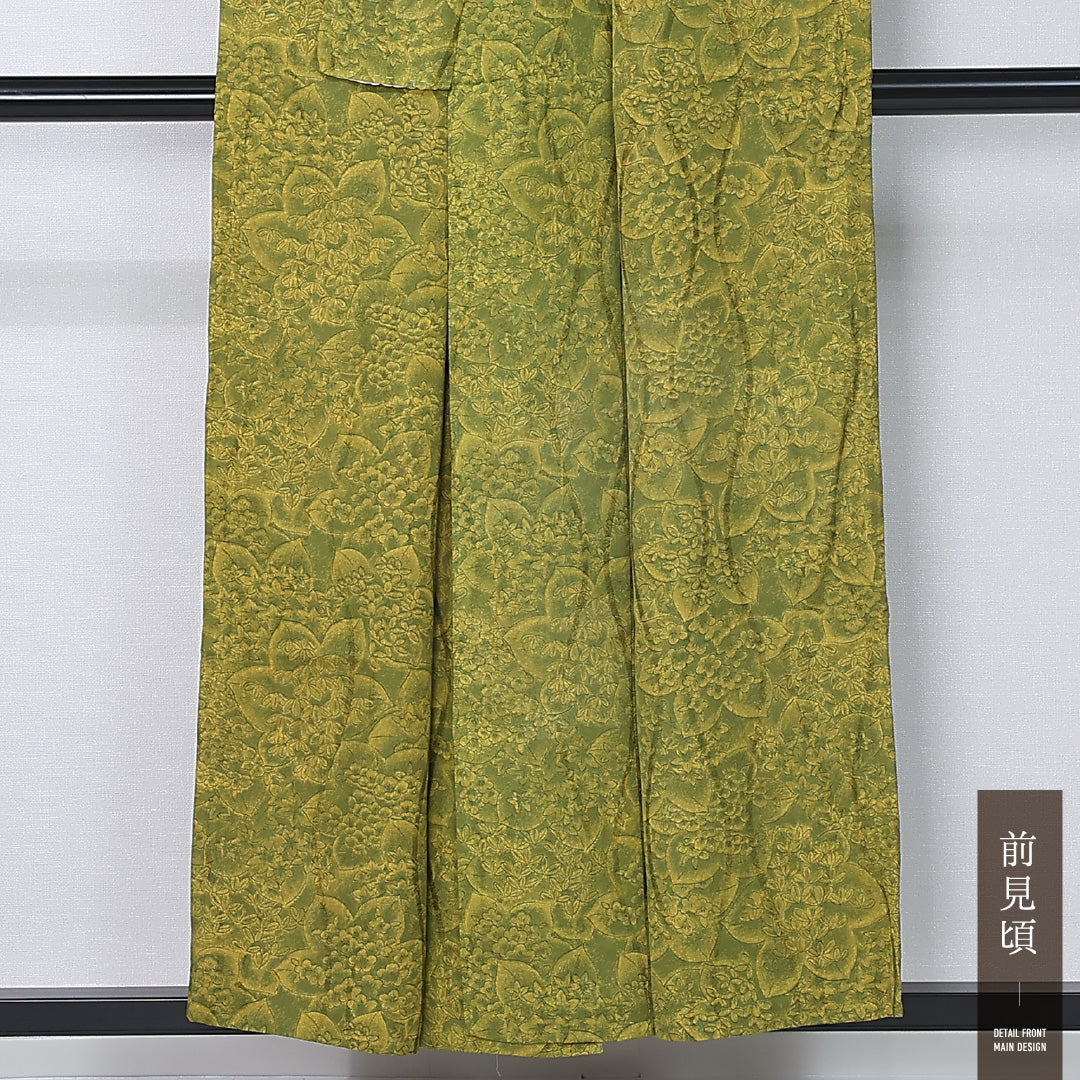小紋 紬 身丈151cm 裄丈64cm Sランク S 正絹 単衣 広衿 染紬 ぼかし カジュアル 緑系 1215-12308