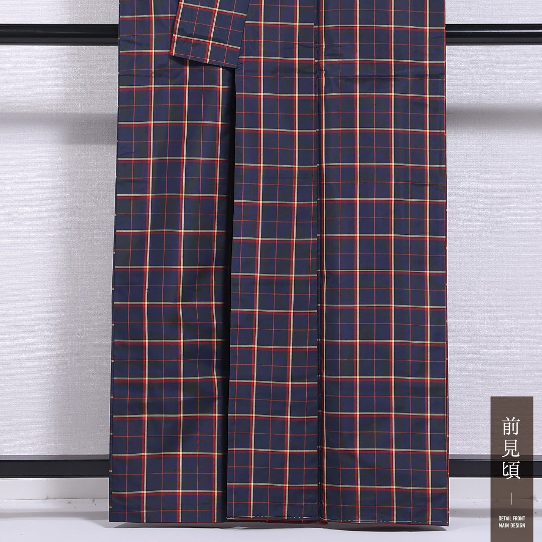 紬 袷 身丈159cm 裄丈63cm 正絹 Aランク カジュアル 広衿 Mサイズ 格子 紺系 RP 1223-11710