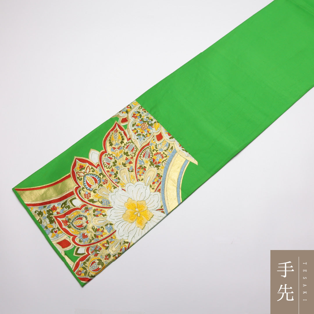 振袖用 袋帯 帯丈422cm 正絹 六通 唐織 宝相華 緑系 1243-01333